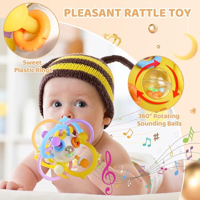 Baby Sensory Teething Toys, Baby Montessori Teether Toys for 0 3 6 9 12 18 Months, Silicone Tummy Time Toy with Rattle Ball for Newborn Infant, Learning Delopmental Gift for Boys Girls, Yellow