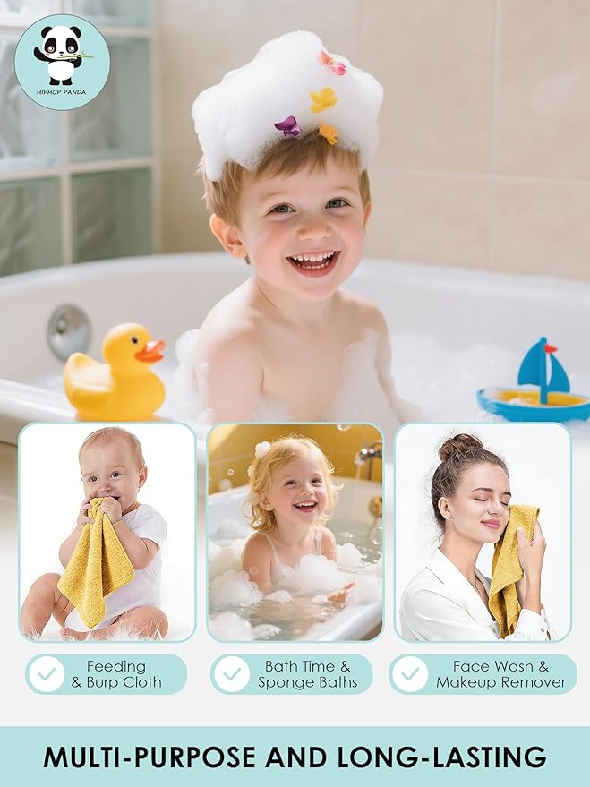 HIPHOP PANDA Baby Washcloths, Rayon Made from Bamboo - 2 Layer Ultra Soft Absorbent Newborn Bath Face Towel - Reusable Baby Wipes for Delicate Skin - Honey, 6 Pack
