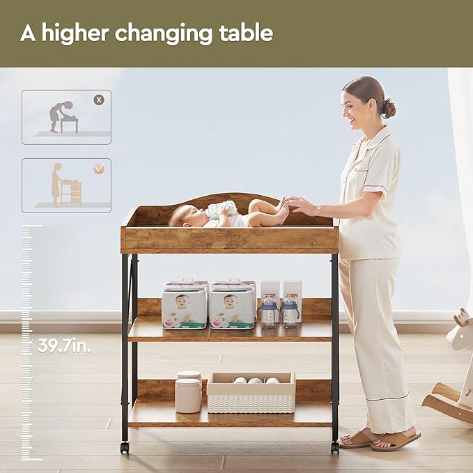 Baby Changing Table, Diaper Changing Station with Pad and Wheels, Two-Tier Open Storage Shelves, Waterproof Diaper pad & Safety Strap,Compact Baby Furniture for Nursery, Rustic Brown