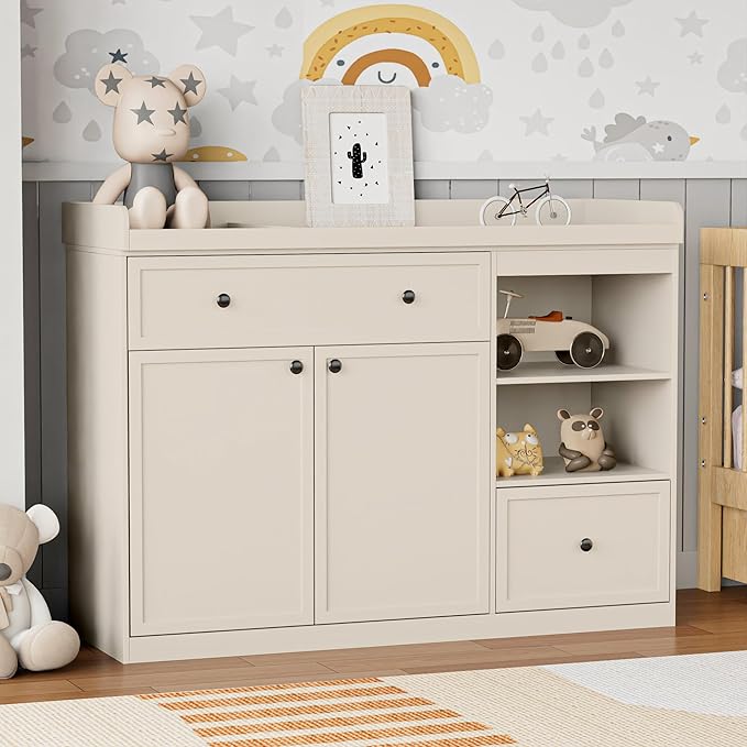 UbabyNest Wide Baby Changing Table Dresser with 2 Doors, 2 Different Size Drawer&Storage Cubbies, Durable Wood Construction, Built-in Shelves of Ample Storage for Nursery (Beige)