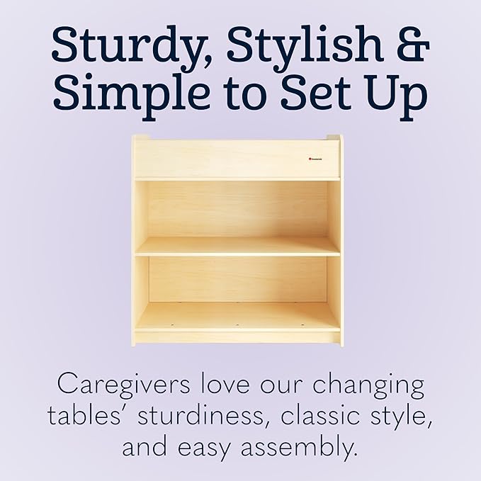Foundations SafeStart Daycare Changing Table, Durable Wood Construction, Built-in Shelving for Ample Storage, Adjustable Safety Strap, Includes Foam Mattress Pad, Natural