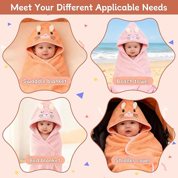 10 PCS Baby Bath Towels, 2 PCS Soft Hooded Towels & 8 PCS Washcloths - Ultra Soft, Super Absorbent, Cute Design for Newborns, Infants & Toddlers - Ideal for Bath, Swimming & Daily Care