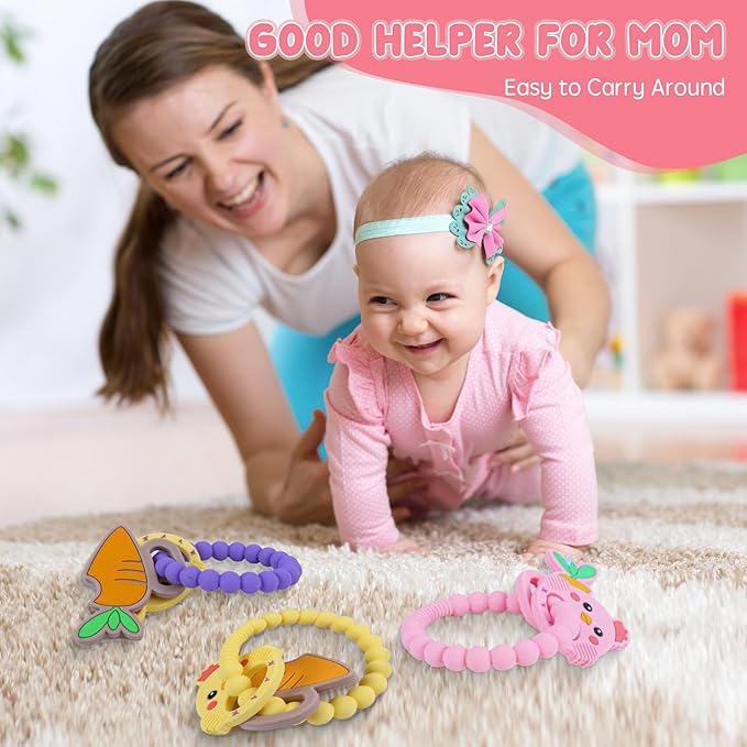 Teething Toys, Cute Easter Egg & Hen Colorful Teetning Toy Baby Toy 0-6 Months Infant Teething Toy, Baby Easter Birthday for Baby Teething Toy with Egg Toys Pink