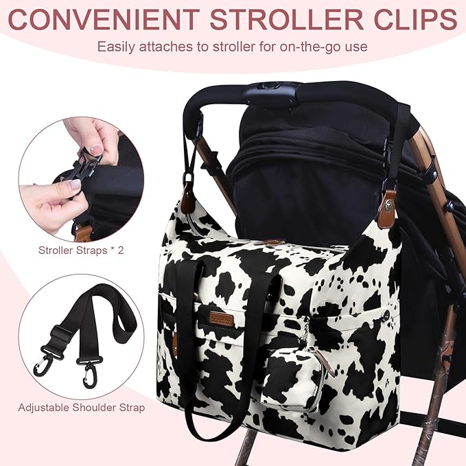 Diaper Bag Tote - Diaper Baby Bags with Pacifier Case, Shoulder Straps, Stroller Clips, Waterproof Large Mommy Maternity Bag Travel Baby Bag for Mom and Dad, Cowprint, Medium