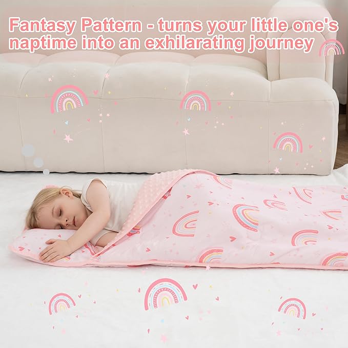 Viviland Toddler Nap Mat with Pillow and Minky Dot Blanket, Large Thick Rolled Sleeping/Slumber Bags, Kids Girls Sleeping Mat for Preschool, Daycare, Kindergarten, Travel Camping- Pink Rainbow