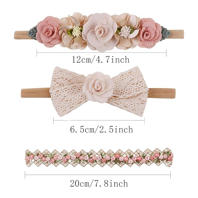 cherrboll 3pcs Baby Girl Headbands Flowers, Super Soft & Stretchy Nylon Floral Hairbands for Newborn Toddler