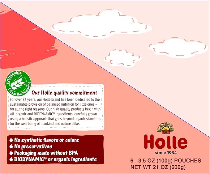 Holle Organic Baby Food Pouches - Panda Peach Baby Puree with Peach, Banana, Apricot & Spelt - (6 Pack) Organic Baby Snacks + Fruit and Veggie Pouches for Weaning Babies 6 Months and Older