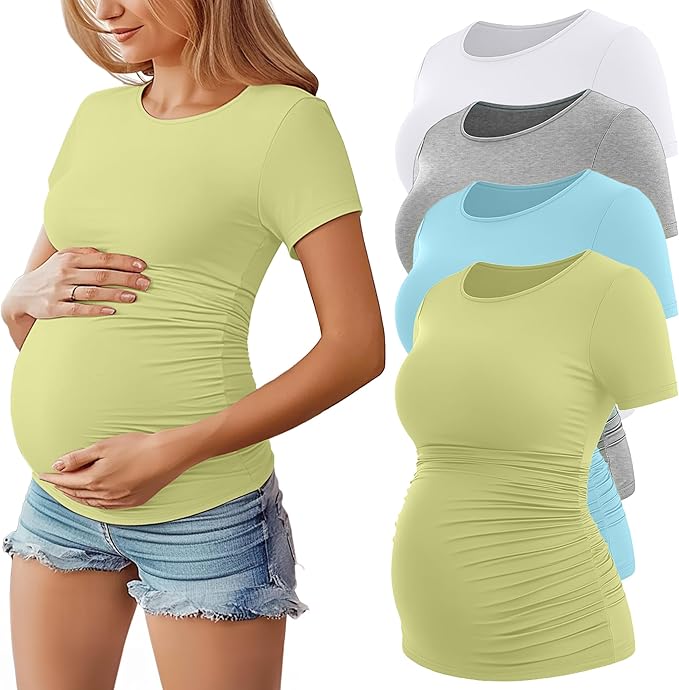 Huukeay 4 Pack Women's Maternity Shirts, Crew Neck Maternity Top Short Sleeve Casual Cotton Tee Side Ruched Pregnancy Clothes