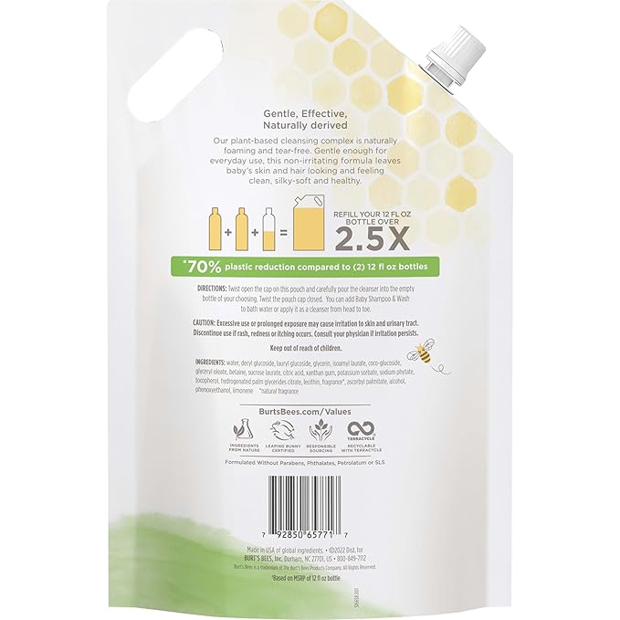 Burt's Bees Baby Shampoo & Baby Wash Refill, Original Scent, Plant Based Formula, Tear Free, Pediatrician Tested, Natural Origin, Gently Cleans Sensitive Skin and Hair, 33.8 Fl Oz