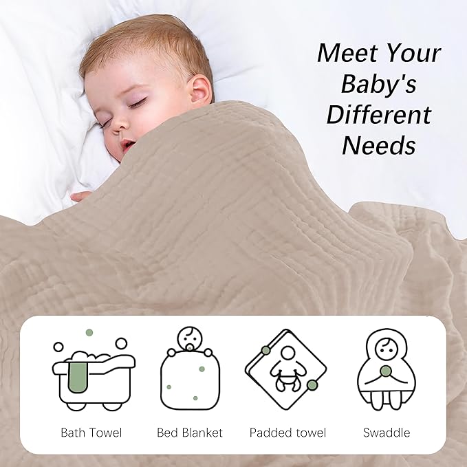 SWEET DOLPHIN Muslin Baby Bath Towels Blanket - 2 Pack 100% Cotton Towel for Babies, Infants, Toddlers - 40x40Inch - Highly Absorbent, Brown