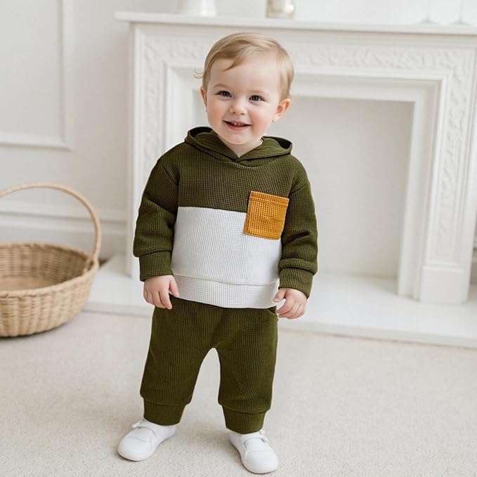 Toddler Baby Boy Hoodies Fall Clothes Waffle Contrast Color Sweatshirt Pant Set Infant Clothes 6 12 18 Months 2T 3T