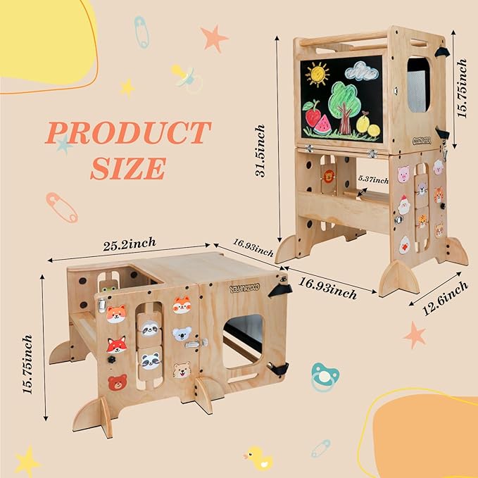 Toddler Kitchen Stool Helper, CPC Certified Foldable Toddler Tower, Learning Wooden Tower with Support Feet and Chalkboard, Anti-Drop Structure, Safe Design for Kids, Natural