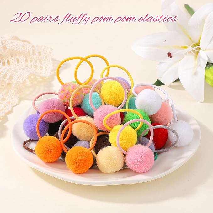 choicbaby 40pcs Baby Hair Ties Soft Fluffy Pom Pom Ponytail Holders No Damage Nylon Elastic Hair Ties Accessories for Baby Girls Toddler Kids