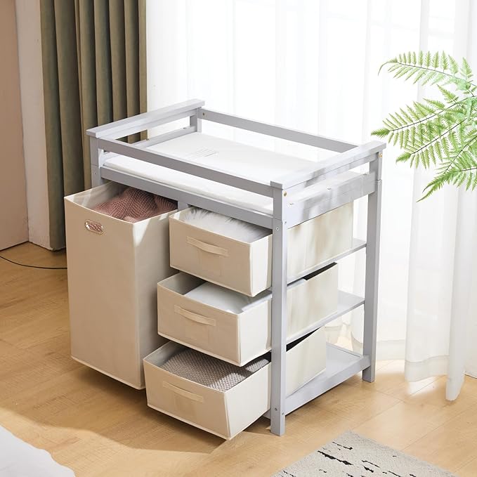 Karl home Modern Baby Changing Table,Dresser Baby Diaper Changing Station with Laundry Hamper,Infant Nursing Table with 3 Storage Drawers,Removable Safety Rail & Strap for Bedroom,Nursery,LightGrey