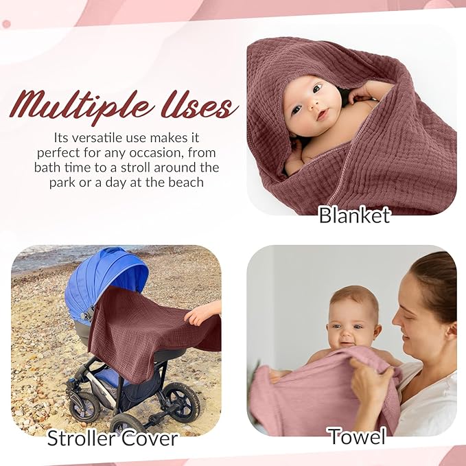 6 Pcs Muslin Hooded Bath Towels Washcloths and Bibs Set, Muslin Cotton Baby Towels Absorbent Hooded Blanket Towel Infant Bibs for Boys Girls Newborn Infant Essential (Dusty Rose, Deep Rose)