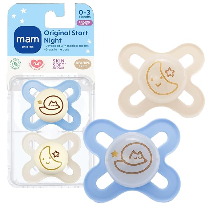 MAM Original Start Night Baby Pacifiers 0-3 Months Newborns, BPA-Free Skin Soft Silicone Nipple, Glows in The Dark, Developed with Medical Experts, 2 Count with Sterilizer Case