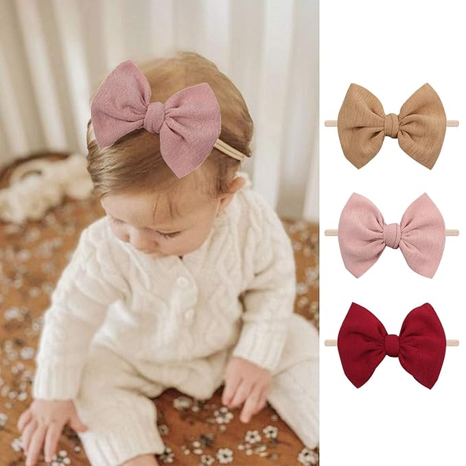 YanJie Girls Fall Outfits Baby Girls Nylon Headbands Newborn Bows Handmade Hair Bows Hairbands Hair Accessories for Newborn Infant Toddlers Kids(Red Pink Brown)