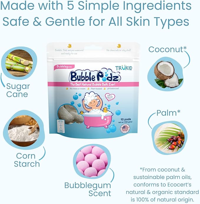 TruKid Bubble Podz Bubble Bath for Kids, Toddlers, & Babies, Tear Free Gentle & Refreshing Bath Bomb for Sensitive Skin with Natural Moisturizers, Non-Toxic, pH Balanced, Bubble Gum Scent (60 Podz)