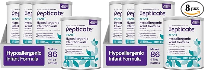 Pepticate Baby Formula, Hypoallergenic Powdered Infant Formula for Cow Milk Allergy, with Omega 3 DHA, ARA, Iron & Prebiotics, 13.2oz, (Pack of 8)