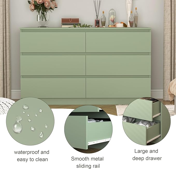 Green Dresser for Bedroom, Modern Large 6 Drawer Dresser with Deep Drawer,Wide Storage Chest of Drawers,TV Stand for Living Room