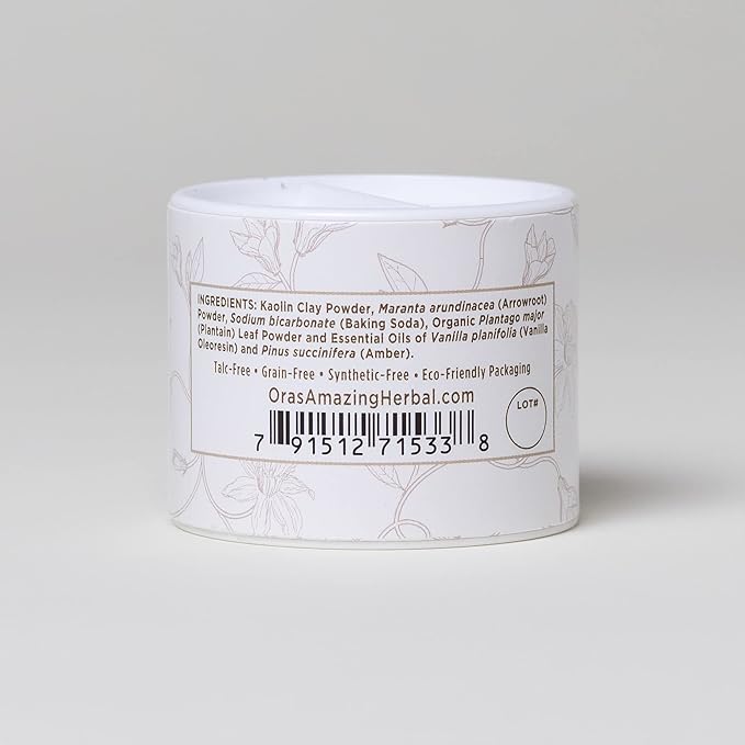 Baby Powder Talc-Free, Real Vanilla Amber Natural Scent, Cornstarch Free Arrowroot and Clay Based Powder, Synthetic Fragrance Free, Ora's Amazing Herbal, Pack of 2 Travel Size 0.5 oz