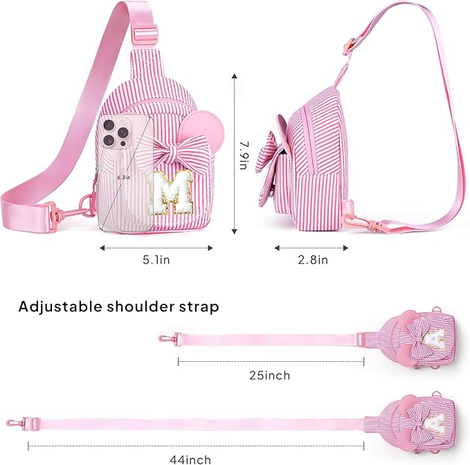 Birthday Gifts for Girls, Sling Bags for Girl Kid Travel, Birthday Gifts for 2 3 4 5 6 7 Year Old Girls Small Initial Pink Cross Fanny Packs Sling Bag for Daughter Gift (Pink T)