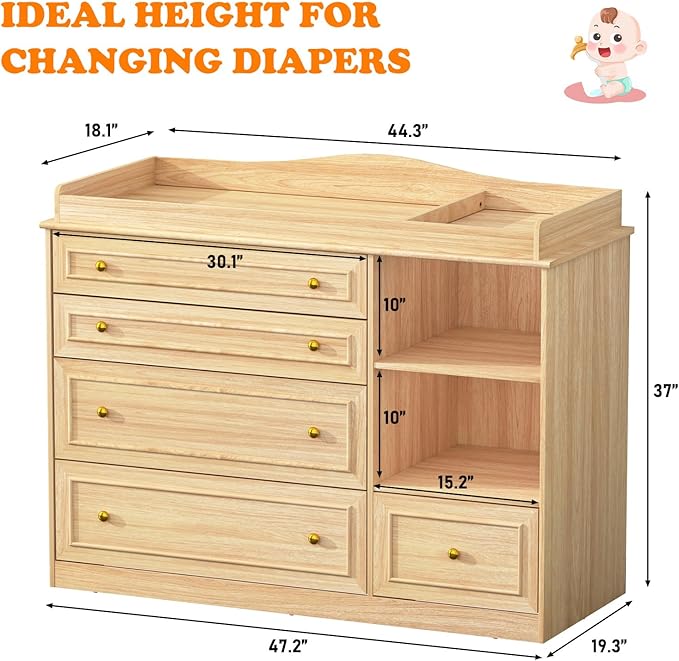St.Mandyu Wood Changing Table Dresser, Baby Nursery Dresser, Baby Diaper Changing Table, 5 Drawers, Adjustable Shelves, Metal Handle, Curved Wrapping Design, Nature