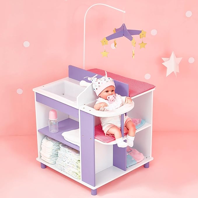 Olivia's Little World Little Princess Baby Doll Two-Sided Wooden Baby Doll Changing Station with Storage Shelves, Closet, Highchair, Changing Table, and Sink, White with Purple and Pink Accents