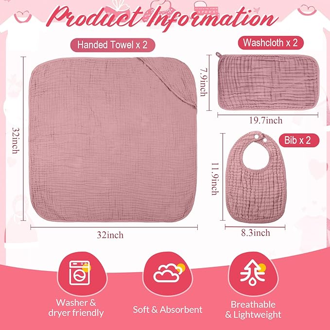 6 Pcs Muslin Hooded Bath Towels Washcloths and Bibs Set, Muslin Cotton Baby Towels Absorbent Hooded Blanket Towel Infant Bibs for Boys Girls Newborn Infant Essential(Pink,Rose)