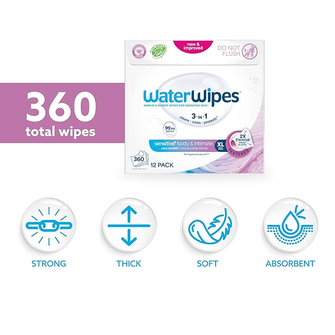 WaterWipes Adult Care Sensitive Body & Intimate Hygiene Wipes, 360 Wipes (12 Packs), Extra Large Textured, 99.9% Water-Based, For Everyday Personal Uses