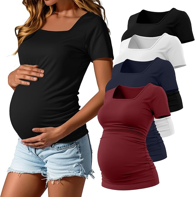 4 Pack Women's Maternity Shirts Cotton Square Neck Pregnancy Tops Side Ruched Summer Short Sleeve Tees Multipack