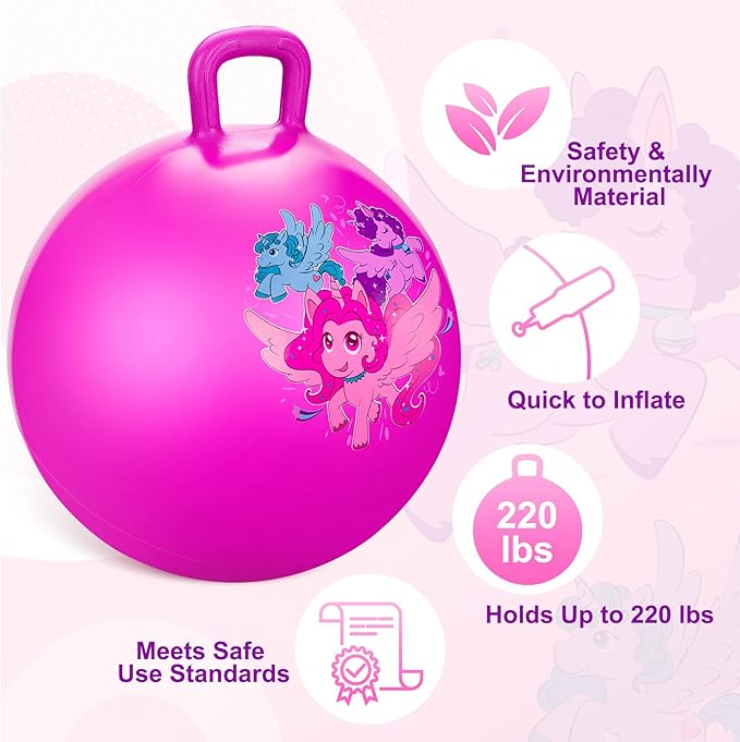 ZOOJOY Hopper Ball for Kids, 18 Inch Bouncy Ball with Handle, Pink Unicorn Girls Toys for Indoor Outdoor Acitve Play with Pump, Best Inflatable Balance Toys for Girls Boys Gifts 3 4 5 6 7 8 Years Old
