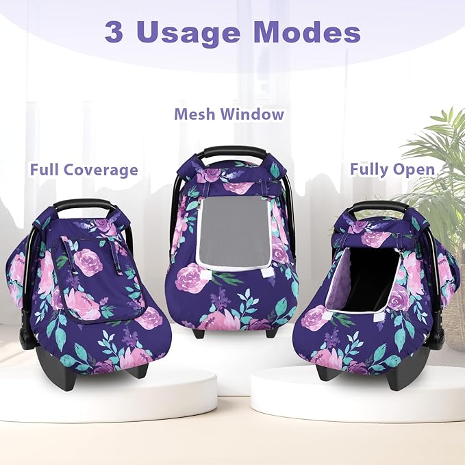 Windproof Baby Car Seat Cover, 3D Mink Dot Infant Car Seat Canopy with Breathable Mesh Window, Baby Carrier Cover for All Seasons, Easy Access Carseat Carrier Snug Fit Infant Stroller(Purple Flower)