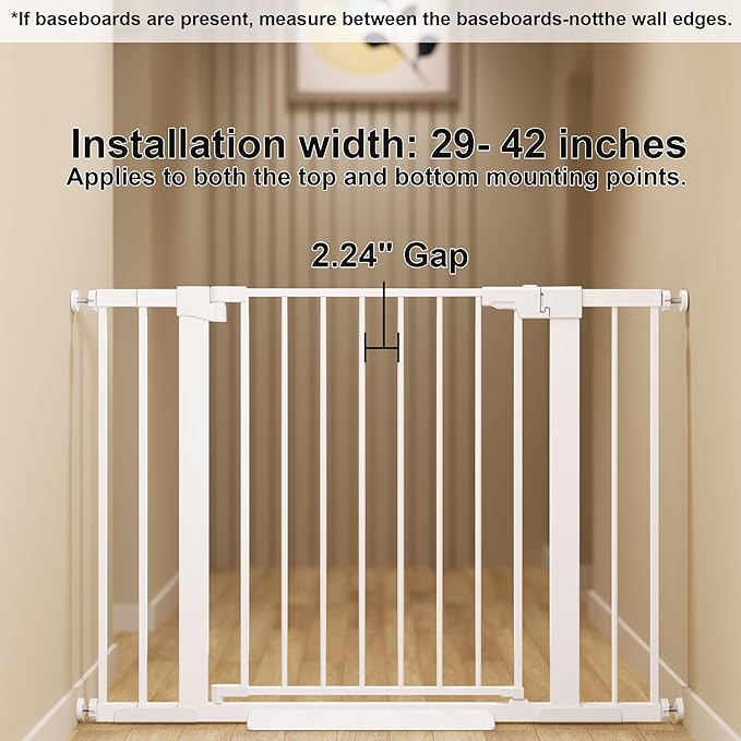 29-42 inches Metal Baby Gate for Stairs/Doorways, 30 inches Tall Pressure Mounted Pet Gates, Auto-Close Child Safety Gate, No Drilling Easy Walk-Through Dog Gate Indoor, White