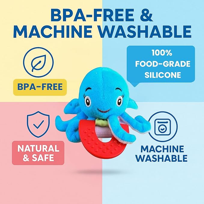 Wristy Buddy Teething Ring for Babies 0-6 8 10 12 Months | Cute Soft Octopus Teething Toys & Gloves | Baby Teething Relief Toy Pack | Infant Chew Toys for 3-6 Months, 1 2 3 Years