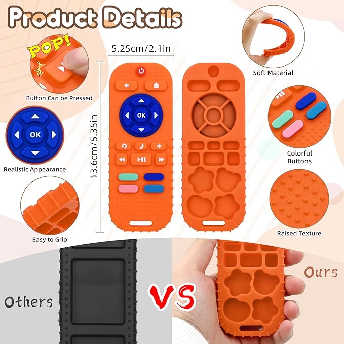 AiTuiTui Baby Teething Relief Sensory Chew Toys for 3 6 9 12 Months, Silicone Infant Teether Remote Control Bath Toy for Newborn Toddlers Boy Girl Autism Baby Shower Birthday Gifts, Orange