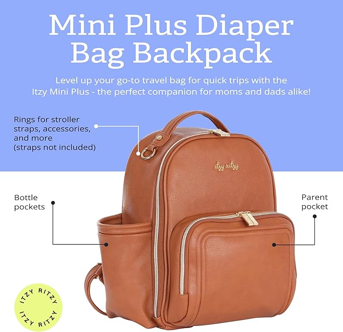 Itzy Ritzy Mini Diaper Bag Backpack – Chic, Compact Mini Plus Backpack with Changing Pad, 10 Pockets (6 Internal, 4 External), Grab-Top Handle & Rubber Feet (Cognac)