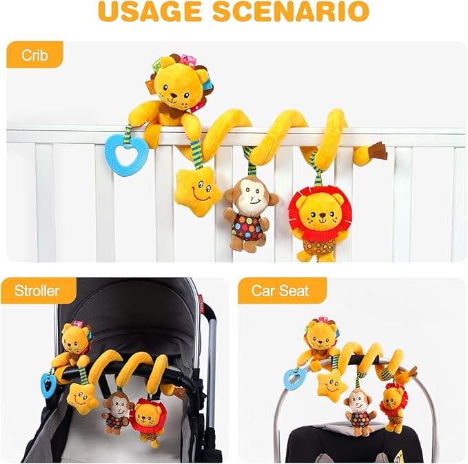 Jollybaby Crib Stroller Car Seat Toys for Baby 0-3-6-9-12 Months, Tummy Time Hanging Sensory Toys for Newborn with Music Box and Teether, Spiral Carseat Toy for Baby Boys Girls Gifts (07-Little Lion)