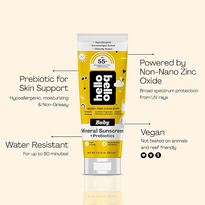Hello Bello Mineral SPF 55 Sunscreen Lotion with Prebiotics, Water Resistant and Reef Friendly Sun Protection for Babies and Kids, 3 fl oz (Pack of 1)