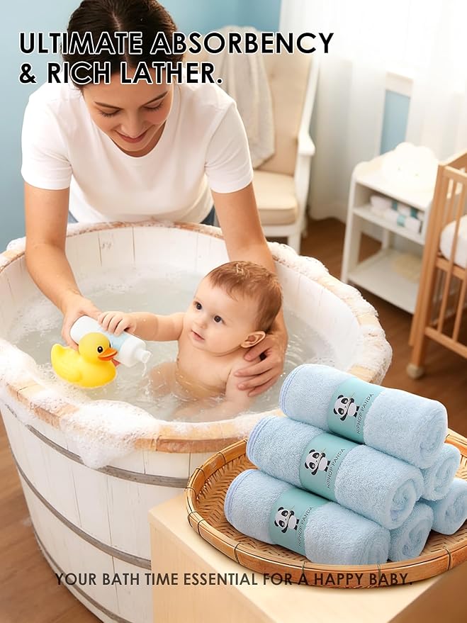 HIPHOP PANDA Baby Washcloths, Rayon Made from Bamboo - 2 Layer Ultra Soft Absorbent Newborn Bath Face Towel - Reusable Baby Wipes for Delicate Skin - Blue, 6 Pack