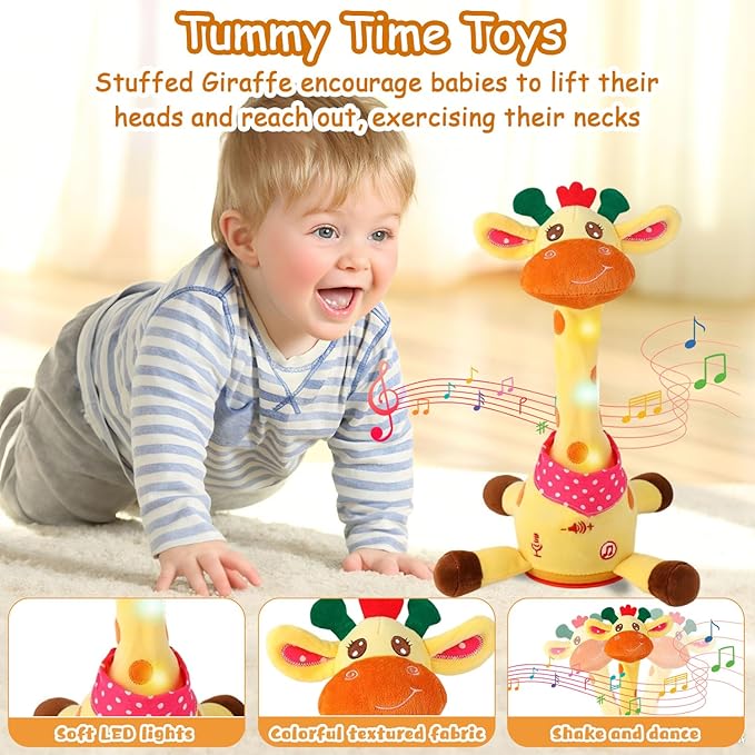 Dancing Talking Musical Giraffe Toy, Tummy Time Toy with Volume Adjustment, Singing Giraffe Stuffed Animal 10 Children's Songs Light Up Toys, Repeating What You Say, Baby Toy