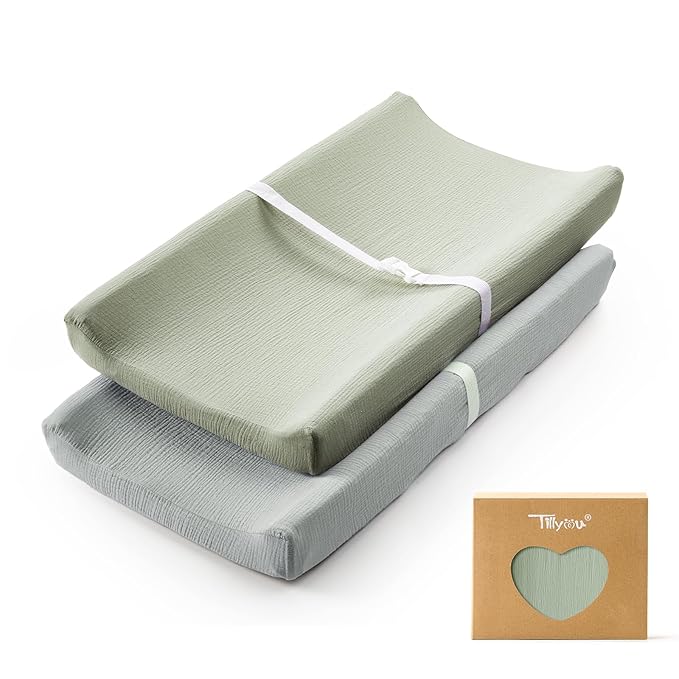 TILLYOU Muslin Changing Pad Cover for Baby Girls Boys, Soft and Breathable Cotton Diaper Changing Table Cover, 2 Pack(Grey&Saga)