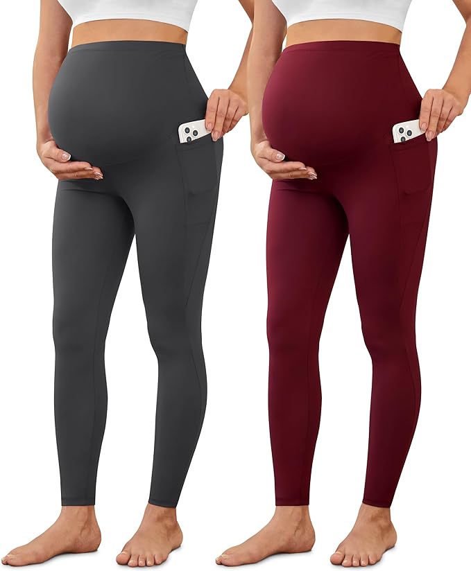 VALANDY Creamlush 2 Pack Women's Maternity Leggings with Pockets Over The Belly,Soft Comfy Active Yoga Lounge Pregnancy Pants