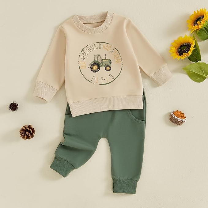 Toddler Baby Boy Fall Winter Outfits Tractor Print Long Sleeve Sweatshirt Pants Set Kids Sweatsuit Clothes