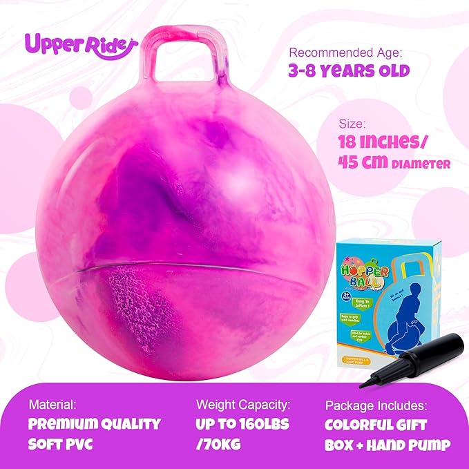 Upper Rider 18 Inch Clouds Hopper Ball for Kids Ages 3-8, Purple Pink Bouncy Ball with Handle, Inflatable Jumping with Pump and Gift Box, Indoor Outdoor Balance Toy for Girls and Boys