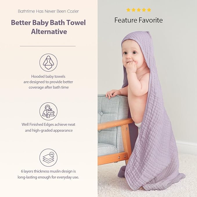 Hooded Baby Towels for Newborn - 2 Pack, 100% Muslin Cotton, Baby Bath Towels with Hood, Soft and Absorbent for Girls Infant, Toddler and Kids, Large 32x32 Inches, Newborn Essential
