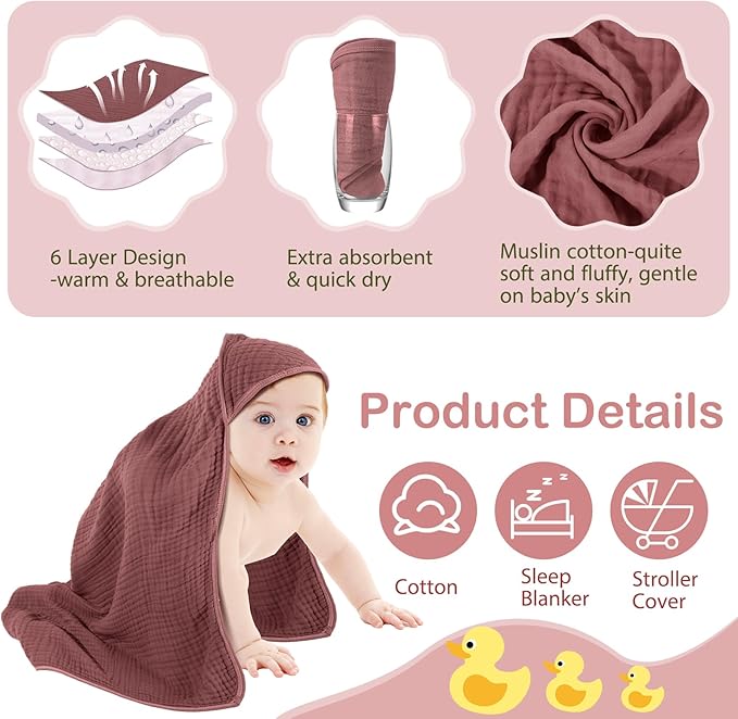 Peryiter 4 Pcs Muslin Hooded Baby Towels 32x32inch Cotton Newborn Bath Essentials Muslin Infant Blankets Absorbent Registry Baby Shower Present for Babies Girl Boy Kids (Dark Color)