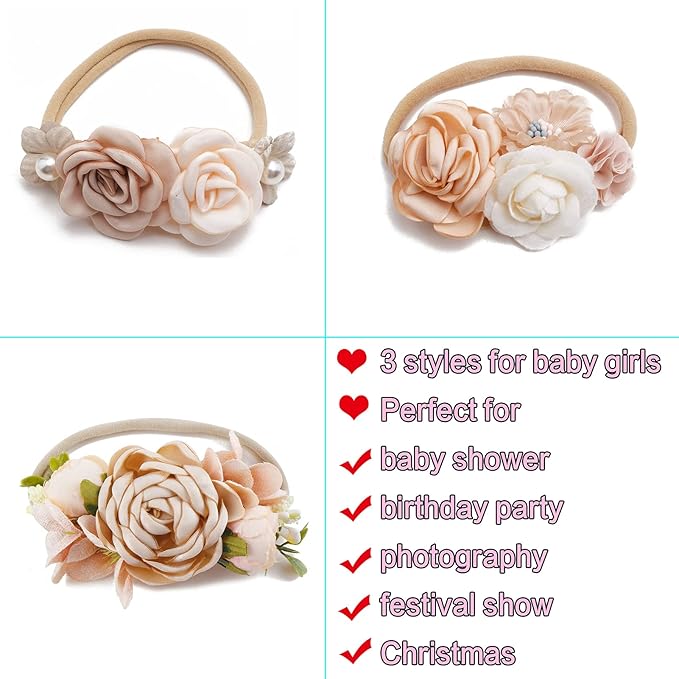 Baby Girl Headbands Nylon Flower Elastic Hairbands 3pcs Hair Accessories Gift for Newborn Infant Toddlers (YM1)