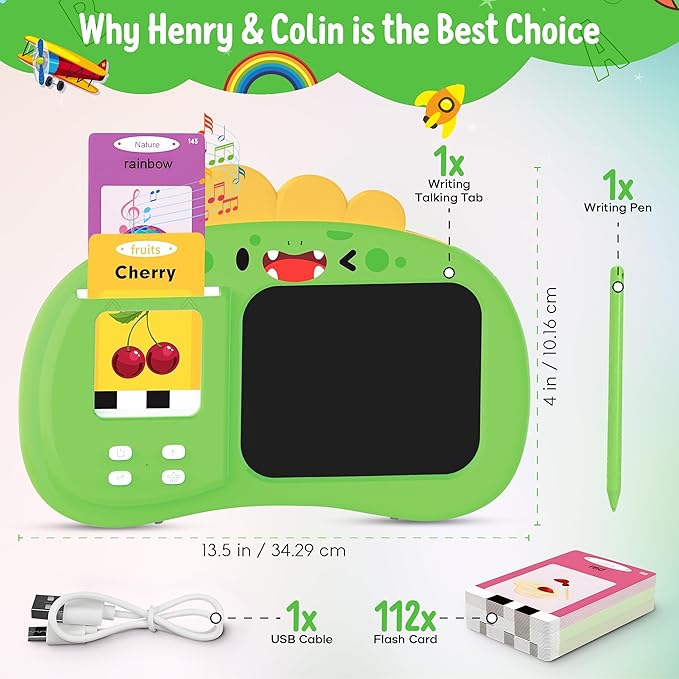 Henry & Colin Smart Talking Flash Cards Reader with LCD Writing Drawing Tablet Card for Kids – Colorful Drawing Pad, Educational Toy, Reusable Board, Travel Essential for Boys & Girls (Green)