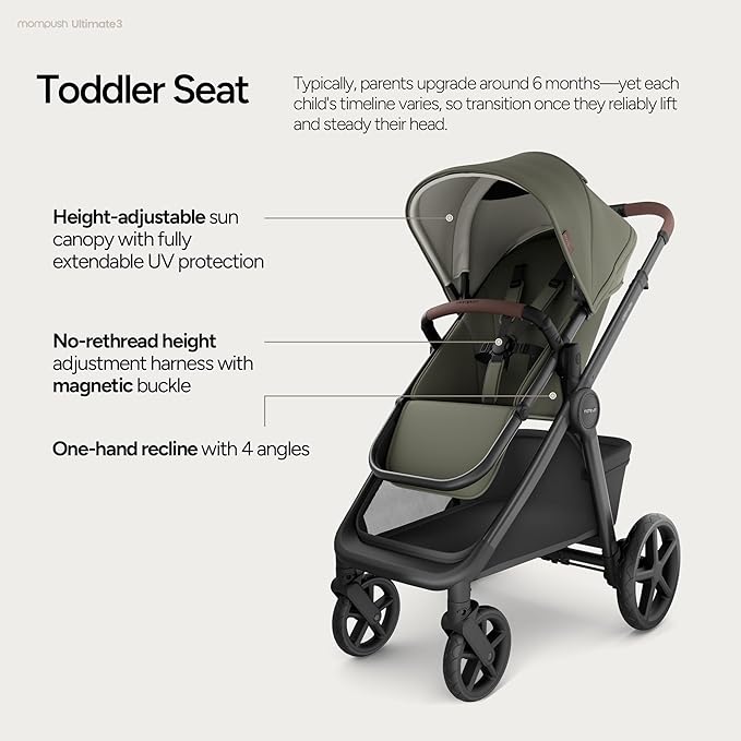 Mompush Ultimate 3 Full Size Baby Stroller with Bassinet from Newborn to 50 lbs - All-Terrain Large Wheels with Full Suspension, Reversible & Extendable Seat for Growing Kids, One-Second Compact Fold